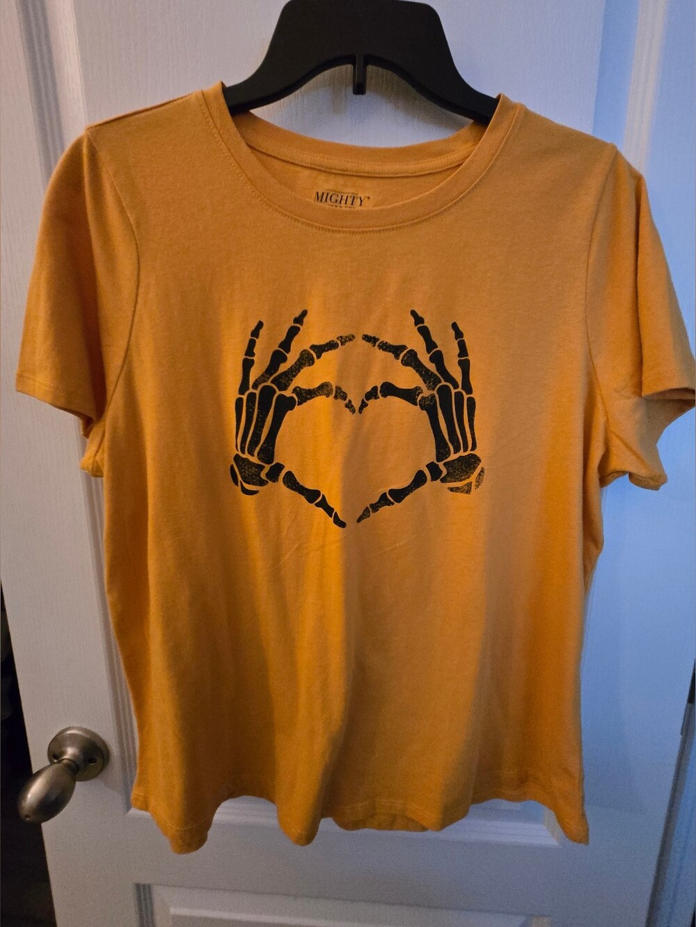 Mighty Fine Brand Mustard Yellow Crewneck Tee With Skeleton Heart Hands